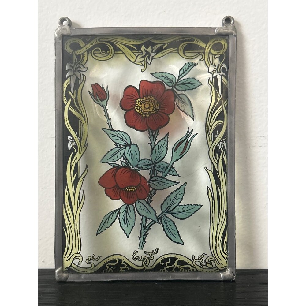 VTG Glass Rose Suncatcher Panel Metal Frame 7"x5" Window Hanging Botanical Decor